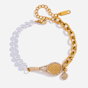 Elegant Tennis Racket <b>Charm</b> <b>Bracelet</b> Gold Chain Pearl <b>Beads</b> Party Jewelry Women's Fashion Accessory - Product Image 1