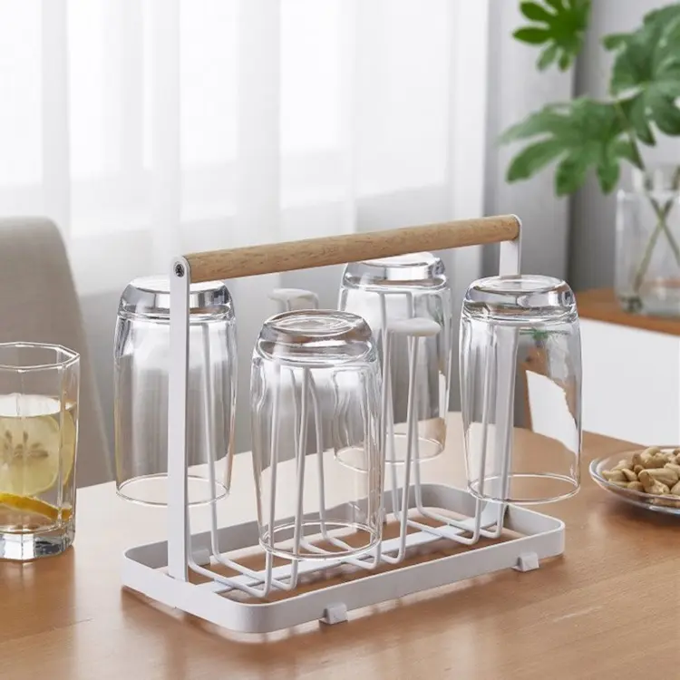 Taşınabilir ahşap saplı metal organizatör cam bardak ev mutfak depolama tutucu