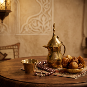 Ensemble de café et de thé en acier inoxydable de style moyen-oriental avec pot doré, tasses, dattes et chapelet - Design résistant à la chaleur, écologique et durable - Product Image 2