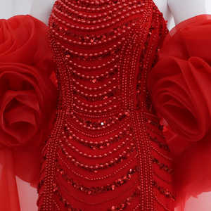 Nuovo abito da sera Slim Fit lungo fino al pavimento <span class=keywords><strong>con</strong></span> perline in pizzo pesante <span class=keywords><strong>con</strong></span> fiori 3D di lusso <span class=keywords><strong>rosso</strong></span> perla per banchetto da festa - Product Image 6