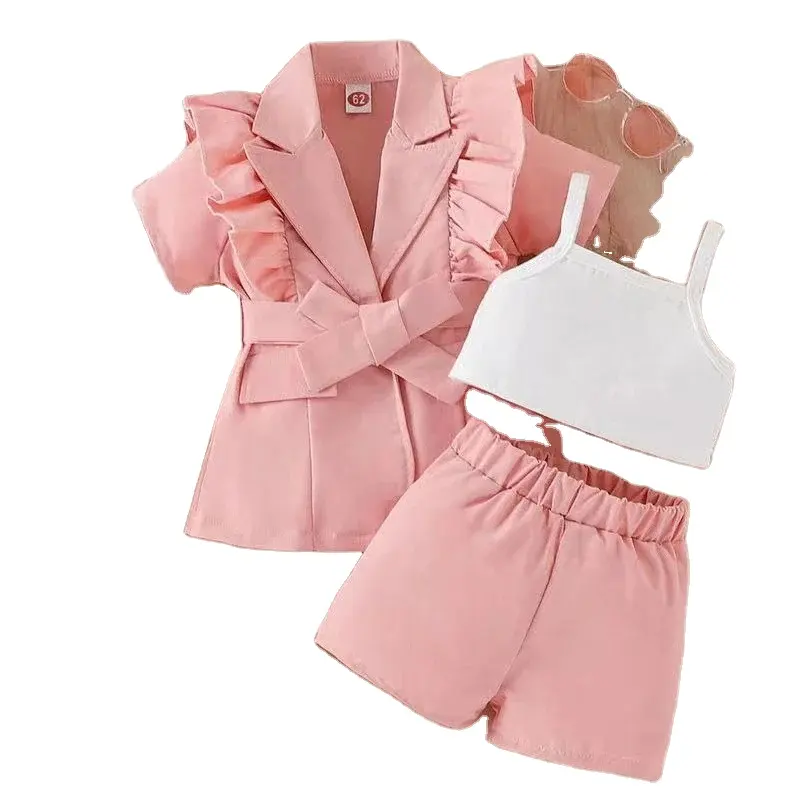Conyson última moda Corea niños tres piezas ropa traje chaqueta al por mayor color sólido niña ropa corta de verano para niños conjunto