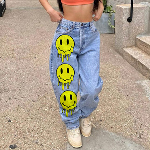 Pantalones Vaqueros Estampados Casuales de Estilo Explosivo <span class=keywords><strong>para</strong></span> <span class=keywords><strong>Mujer</strong></span>, <span class=keywords><strong>Ropa</strong></span> Transfronteriza con Estampado de Cara Sonriente, Piernas <span class=keywords><strong>Anchas</strong></span>, Holgados, Talla Grande - Product Image 2