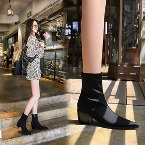 Fashionable Zip up Pointed-Toe Stretch Sexy Ankle Boots with Thick <b>Block</b> Heels for Slimming Effect & Comfort - Product Image 2
