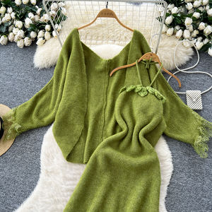 Set da donna due pezzi da donna con rifiniture in pizzo in <span class=keywords><strong>maglia</strong></span> Cardigan <span class=keywords><strong>oversize</strong></span> abito a canotta floreale 3d abito da donna 2 pezzi abito da donna - Product Image 4