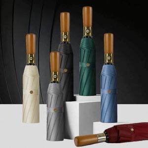 Parapluie pliant entièrement automatique 16 baleines pour homme, manche long en bois, tissu pongé, avec logo pour affaires ou cadeaux - Product Image 3