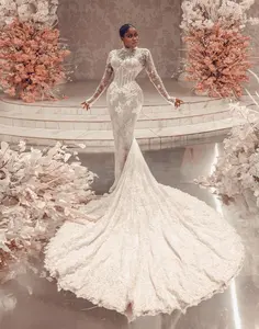 Sexy sirena manica lunga a collo alto abiti da sposa pizzo abito lungo per la sposa 2024