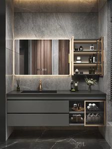 Modern Wall-Mounted Bathroom Vanity With <b>Smart</b> <b>Mirror</b> Ceramic Basin Dark Finish 60 In Illuminated Rectangle Minimalist Design - Product Image 1