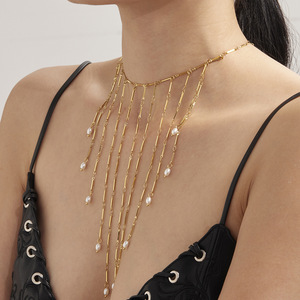 Collana con ciondolo a forma di ruota panoramica e tesoro naturale d'acqua dolce, stile europeo e americano esagerato, catena multistrato in acciaio inossidabile - Product Image 3