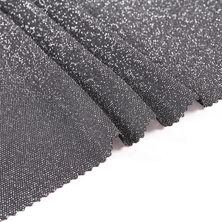 Китайский заводской поставщик, модные дизайнерские текстильные нейлоновые полиэфирные однотонные окрашенные черные металлические золотые люрексные трикотажные ткани