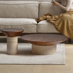 OEM New Arrival Wholesale Contemporary Round Living Room Furniture Limestone Solid Wood <strong>Table</strong> Top Marble Travertine Coffee <strong>Table</strong> - Product Image 1