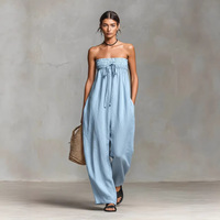 Combinaison midi ample sans bretelles en mélange de lin pour femme, coupe large, minimaliste, pour l'été, avec cordon de serrage, couleur unie