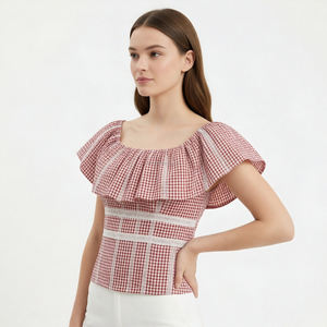Blusa de Mujer con Cuello Cuadrado Personalizada, con Volantes y Estampado a Cuadros, con Ribete de Encaje - Product Image 2