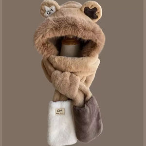 Bonnet en fourrure de lapin Imitation d'hiver pour femmes chapeau gants écharpe ensemble épais chaud équipement d'équitation en plein air avec motif brodé Long - Product Image 5