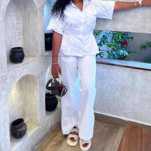 Women's Solid-Color Collared Short-Sleeve Cardigan Shirt & Casual <b>Pants</b> African 2-Piece Set Fashion - Product Image 4