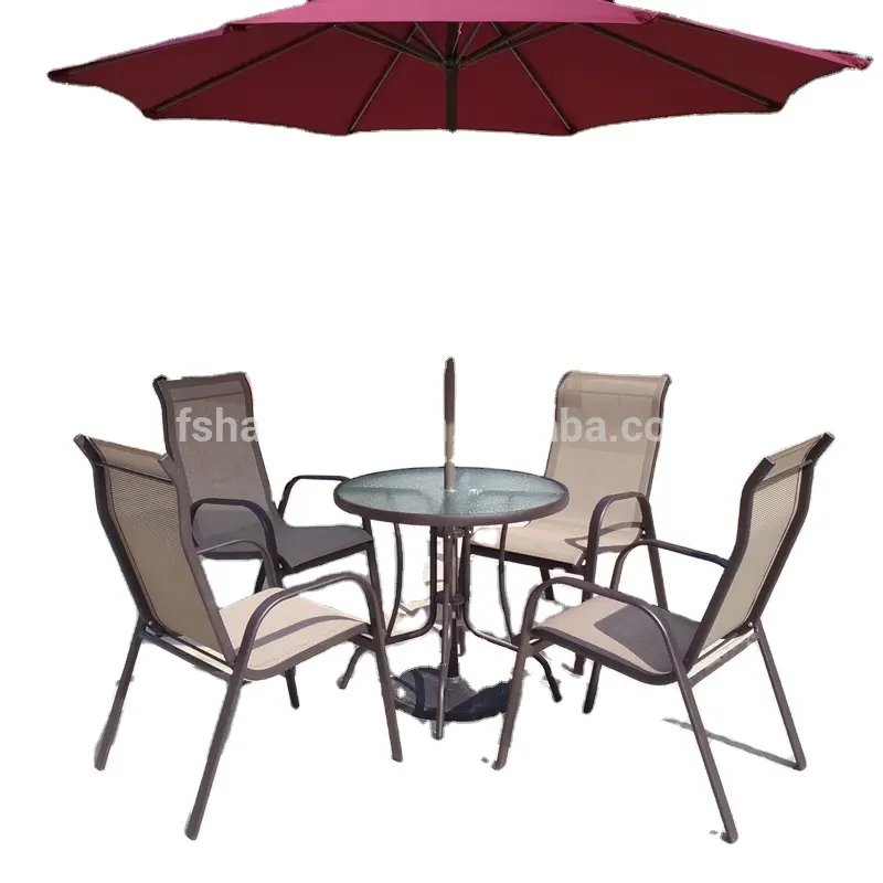 All Weather Proof Koffie Bruin 5 Stuk Outdoor Tuin Balkon Aluminium Sling Terrasmeubilair Ronde Glazen Eettafel Stoel Set