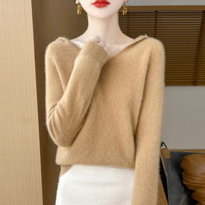 Suéter de punto de lana informal de Invierno para mujer, medio cuello alto, doble capa, grueso, suelto, raglán, Top con logotipo frontal - Product Image 2