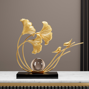 Adorno Metálico de Hoja de Ginkgo, Bola de Cristal, Pájaro Dorado, Escultura de Lujo para Decoración de Sala de Estar o Entrada, Regalo - Product Image 4