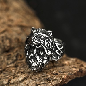 yunnique Men's Stainless Steel Animal <b>Head</b> Ring Nordic Viking <b>Style</b> Geometric Design Gift Jewelry - Product Image 1