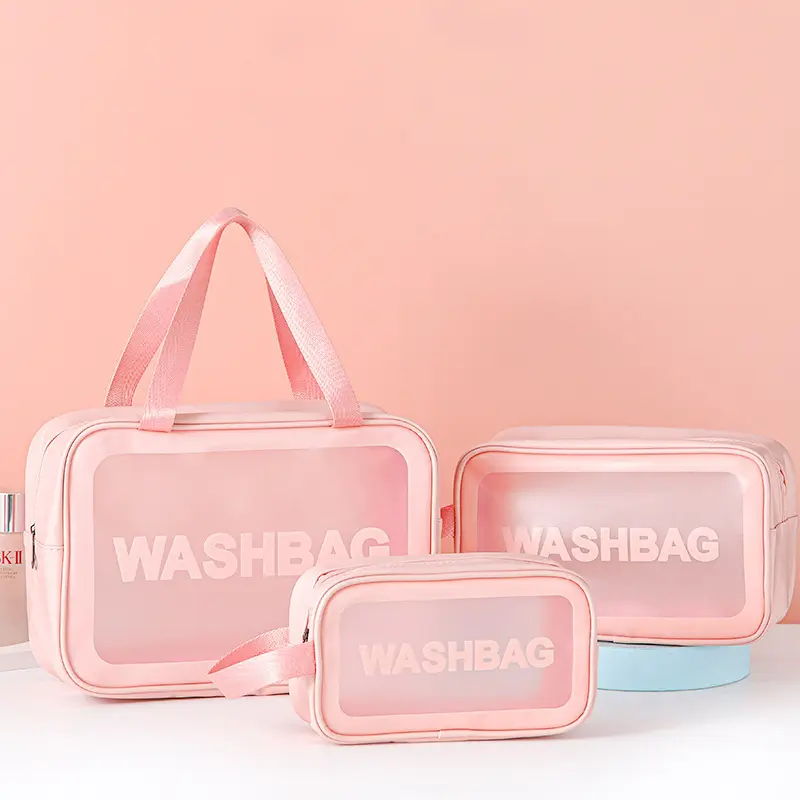 Bolsa de maquillaje Rosa MU, bolsa de cosméticos de baño de PVC transparente de viaje, bolsa de maquillaje transparente con cremallera