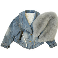 Neuer Luxus Damen Jeans-Daunenmantel Winterparka mit Abnehmbarem Großem Fuchspelzkragen Gänsedaunenjacke Custom Streetwear