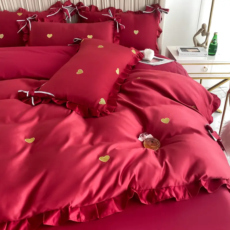 Set di biancheria da letto da sposa in cotone con ricamo rosso di lusso, copripiumino da sposa, copripiumino, lenzuola