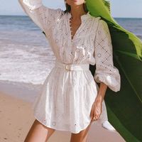 Robe Mini Vintage Femme en Coton Écologique Uni avec Boutons, Manches Longues, Ceinture, Col Montant, Volants et Dentelle, Style Bohème de Luxe, Détails Creux