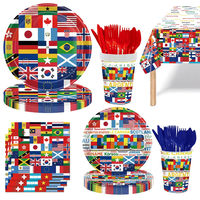 Vaisselle jetable en papier pour fête du Nouvel An chinois, drapeaux du monde entier, décorations sur le thème des anniversaires, assiettes et gobelets