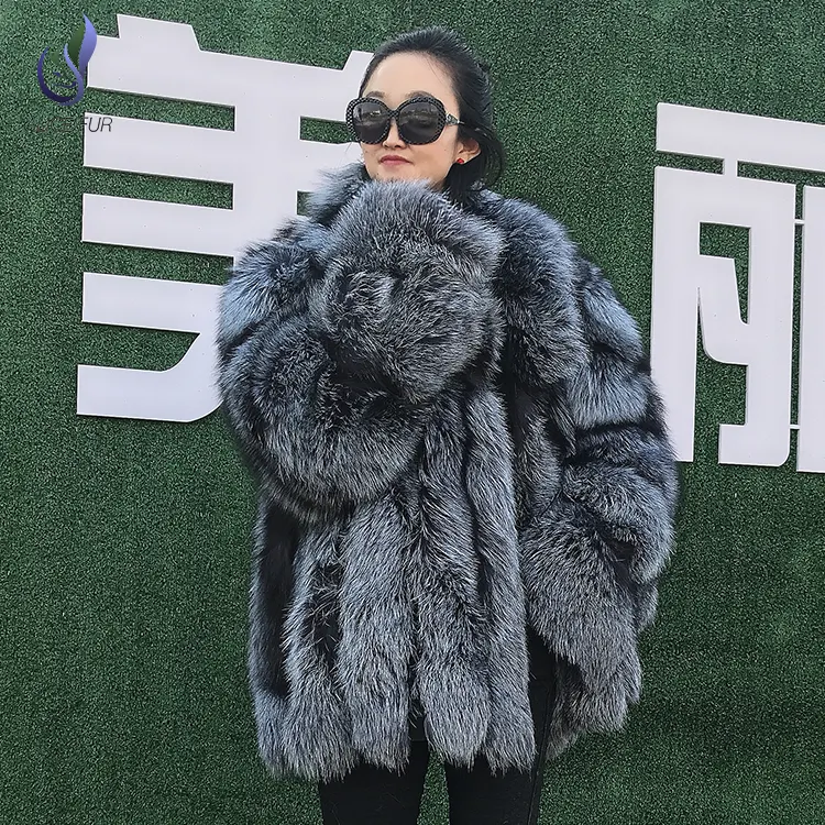 Abrigo de invierno de manga larga holgado a la moda para mujer, abrigo de piel de zorro personalizado, 2019