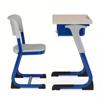 Ensemble de mobilier scolaire moderne en métal : bureau d'élève, chaise, table de laboratoire, étagère de bibliothèque, banc, casier de rangement