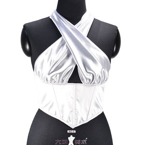 White Satin <b>Corset</b> Crop <b>Top</b> Women <b>Lace</b> <b>Up</b> Tie Back Slim Waist Trimmer Short <b>Tops</b> - Product Image 5