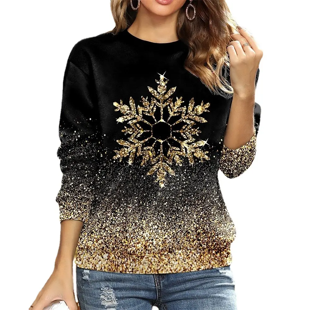 Personalizado Mulheres Camisola De Natal Brilhante Floco De Neve Gráfico Impresso Y2K Festivo Senhora Pullover Tripulação Pescoço Manga Longa Solto Hoodie