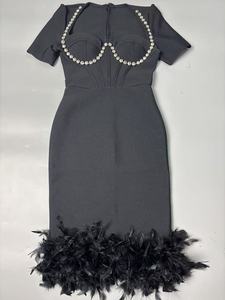 Da donna celebrità Sexy a manica corta con perline in piuma nera estiva Midi vestito a fasciatura elegante <span class=keywords><strong>abito</strong></span> da sera in discoteca - Product Image 3
