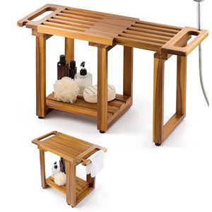 Tabouret de salle de bain en bois extensible avec étagère de rangement pour la baignoire et la douche - Product Image 1
