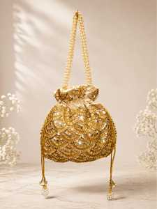 Traditional Classic Rajasthan Silk Saddle Embroidered Lightweight <b>Potli</b> <b>Bag</b> Drawstring Shoulder Purse Women Festive Wedding - Product Image 1