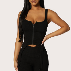 Combinaison en tricot pour femme, couleur blanche unie, fermeture éclair sur le devant, design dos nu extensible - Product Image 3
