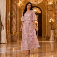 Robes de soirée brodées style cape, manches courtes, coupe trapèze, col rond, ornées de strass et de perles, robe longue pour femme, idéale pour les fêtes de l'Aïd