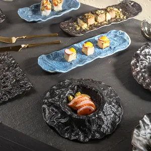 Nordic Irregular Porcelain Sushi Tray Crockery Soup Deep Plates Ceramic Black Volcanic Dish Rich Fold Restaurant Dinnerware Set