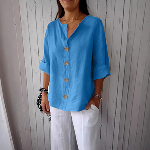 Camiseta Holgada de Verano para Mujer, Estilo Europeo y Americano, Cuello en V, Algodón y Lino, con Botones, Moderna y Versátil - Product Image 3
