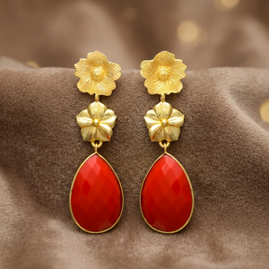 New Arrival Golden Flower Top <b>Red</b> Onyx Gemstone Tear Drop <b>Earrings</b> for Wedding Engagement Party Ethnic Gold Plated - Product Image 2