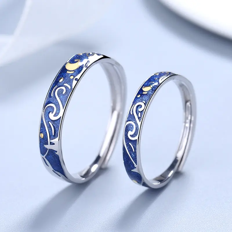 Hot Sale Homens e Mulheres Anéis Azuis Ajustável 925 Sterling Silver Casal Anéis