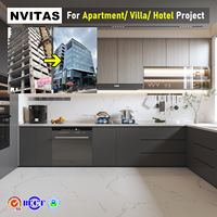 Armoires de cuisine modernes modulaires en bois NVITAS avec portes en verre stratifié, construction en contreplaqué pour projets hôteliers, d'appartements et de villas