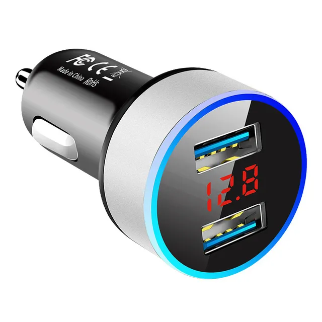 Car Charger For Cigarette Lighter USB Adapter For Smart Mobile Phone Charger Dual USB Digital Display Voltmeter Fast Charging