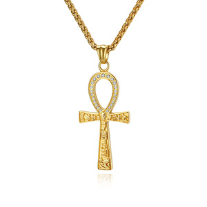 Ancient Egyptian Ankh <b>Cross</b> Necklace Gold Plated Zinc Alloy Pendant Unisex Gift Jewelry With Pave Setting - Product Image 1