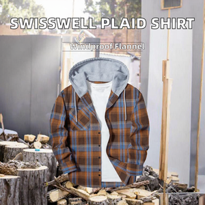 SwissWell Camisa de Franela para Hombre, Manga Larga, a Cuadros, con Capucha, Estilo Casual, Tipo Leñador, Corte Regular, D123, Naranja Azul, Talla M, Primavera - Product Image 2