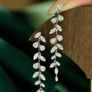Aazuo – bijoux en or blanc massif 18 carats, or jaune, diamant naturel véritable, feuilles de fée, boucles d'oreilles longues, cadeau pour femmes, fête de mariage - Product Image 2