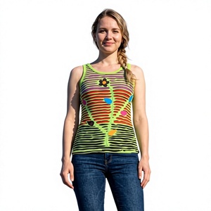 Indian-Made Designer Summer Casual Short <b>Bohemian</b> V-neck Tank <b>Tops</b> Multi-Color Stretchable Ribbons Knitted Silk/Rayon Blast - Product Image 1