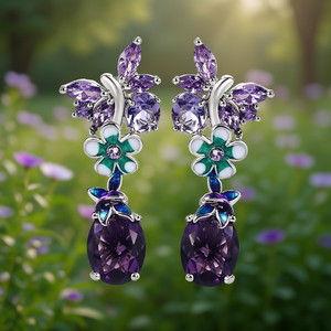 Orecchini Pendenti Floreali Romantici con Zircone Ovale Viola, Placcati Argento, Gioielli da Festa da Donna, Montatura a Griffe in Lega - Product Image 2