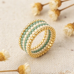 Boho Fashion Women's Miyuki Beaded Glass Inlay 18K Gold Plated Hand Woven Geometric <b>Statement</b> <b>Ring</b> - Product Image 2