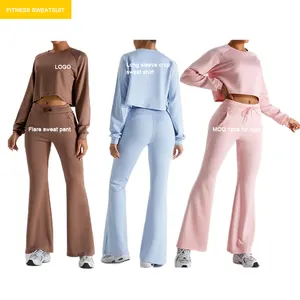 Gym Fitness Wear Shirt Scrunch Sports Mujer Sweatsuit Cotton Jogging Custom Two Piece Set Ladies Flared Track Yoga Women'S Pants