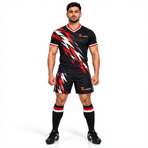 Tiierwear Unisex Rugby Jersey Set <b>Black</b> Red <b>White</b> Solid V-Neck Short Sleeve Moisture Wicking Breathable Four-Way Stretch 100% - Product Image 1